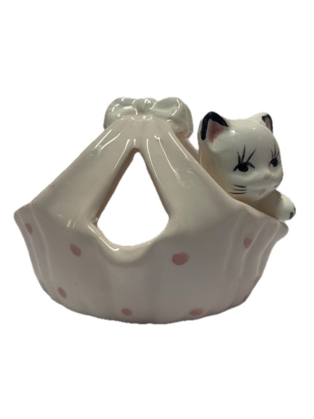 Vintage Japan Ceramic Kitten Basket Figurine Pink Polka Dot 3”